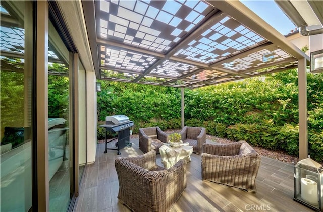 wooden terrace featuring a pergola, grilling area, and an outdoor living space