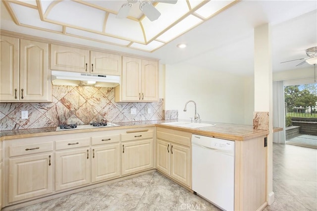 611 Colonial Cir, Fullerton, CA 92835 - kitchen featuring white appliances, a ceiling fan, under cabinet range hood, a sink, and recessed lighting