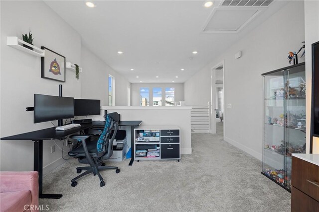carpeted office space with attic access, recessed lighting, and baseboards