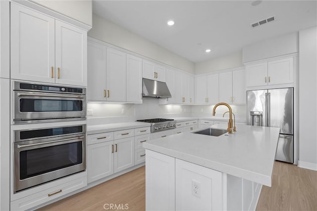 kitchen featuring stainless steel appliances, a sink, under cabinet range hood, light wood-type flooring, and white cabinetry