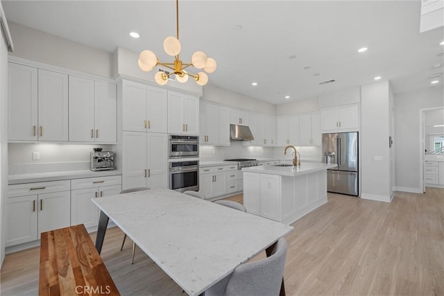 kitchen with stainless steel appliances, under cabinet range hood, a kitchen island with sink, a sink, and white cabinets