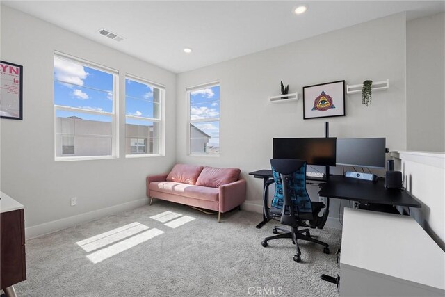 office with carpet floors, baseboards, and recessed lighting