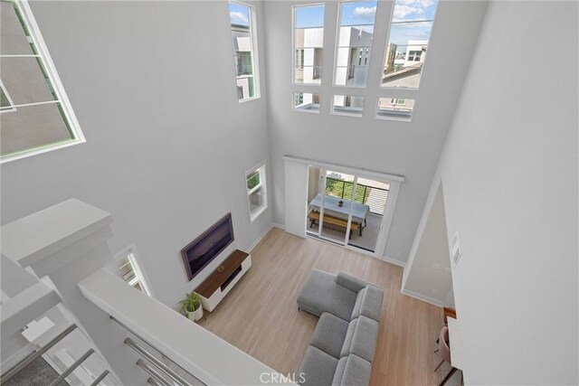 living room with a high ceiling, wood finished floors, and baseboards