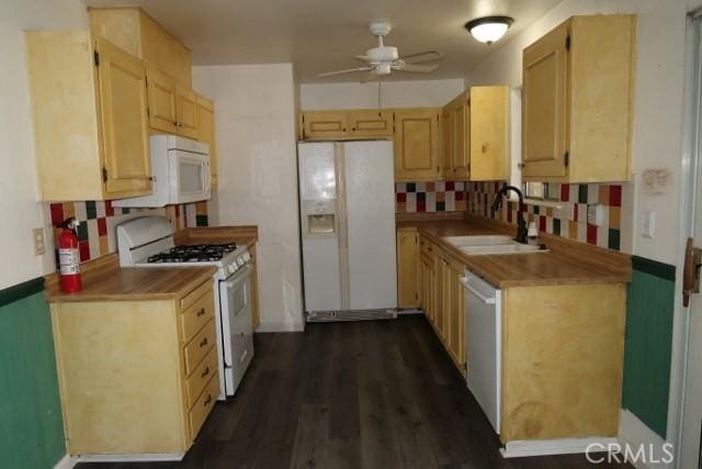819 Sherwood Way, Willows, CA 95988 - kitchen featuring white appliances, a sink, ceiling fan, and decorative backsplash