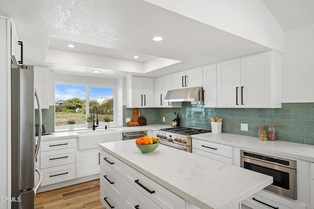 5304 Whitecap St, Oxnard, CA 93035 - kitchen featuring under cabinet range hood, appliances with stainless steel finishes, a tray ceiling, decorative backsplash, and light wood-style floors
