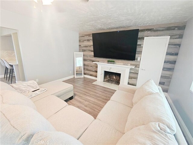 living area featuring wood finished floors, baseboards, an accent wall, and a fireplace