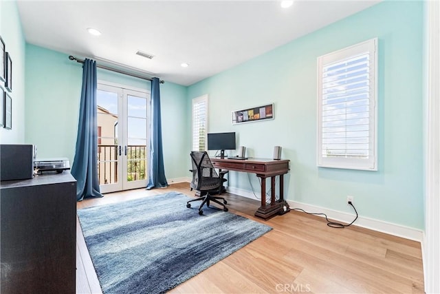 office area featuring light wood-style floors, recessed lighting, and baseboards
