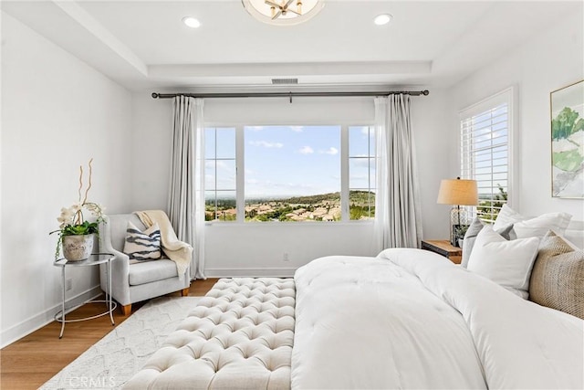 bedroom featuring wood finished floors, baseboards, recessed lighting, and a tray ceiling