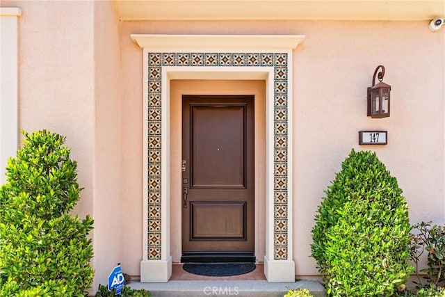 view of exterior entry with stucco siding