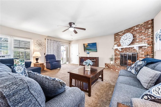 4702 Castana Ave, Lakewood, CA 90712 - carpeted living room with ceiling fan and a brick fireplace