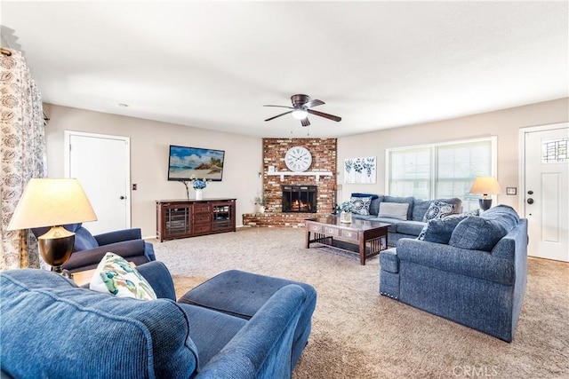 4702 Castana Ave, Lakewood, CA 90712 - living area featuring carpet floors, ceiling fan, and a fireplace