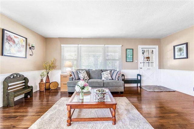4702 Castana Ave, Lakewood, CA 90712 - living room featuring wainscoting and dark wood-style flooring