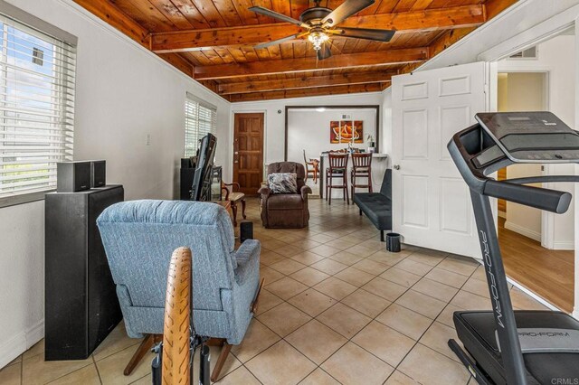 252 Worthington St, Spring Valley, CA 91977 - exercise room featuring wood ceiling, a ceiling fan, light tile patterned flooring, and baseboards