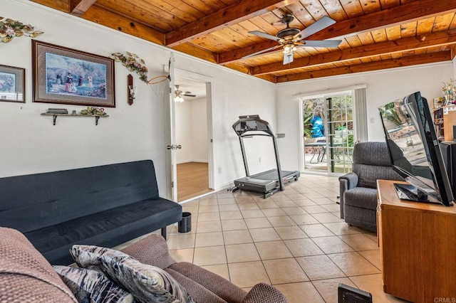 252 Worthington St, Spring Valley, CA 91977 - living area featuring wood ceiling, ceiling fan, light tile patterned floors, and beamed ceiling