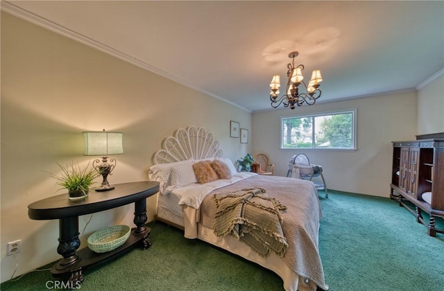 carpeted bedroom featuring ornamental molding and a chandelier
