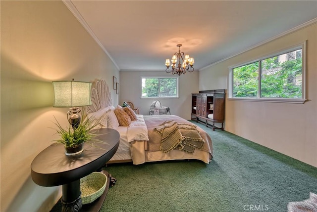 carpeted bedroom with ornamental molding and a chandelier