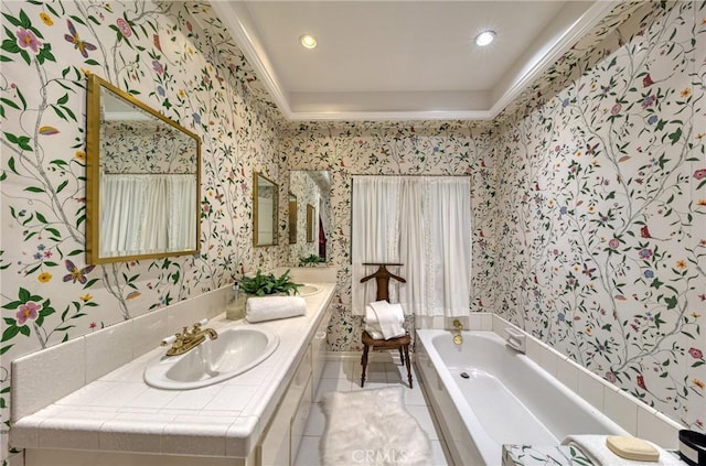 bathroom featuring wallpapered walls, a bath, tile patterned floors, double vanity, and crown molding