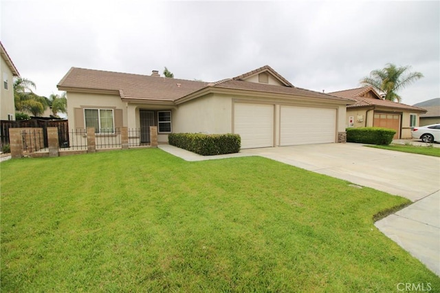 1680 Elmbridge Ln, Hemet, CA 92545 - ranch-style house featuring an attached garage, driveway, a tile roof, a chimney, and stucco siding