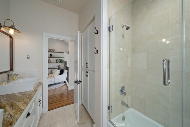 863 Greystone Pl, San Luis Obispo, CA 93401 - bathroom with double vanity, shower / bath combination with glass door, tile patterned floors, and connected bathroom