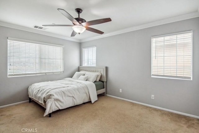 9229 Maywood Way, Riverside, CA 92503 - bedroom with crown molding, baseboards, light colored carpet, and ceiling fan