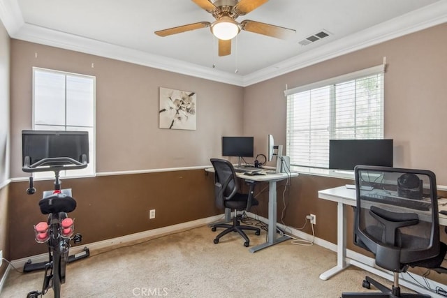 9229 Maywood Way, Riverside, CA 92503 - carpeted office featuring ornamental molding, baseboards, and a ceiling fan