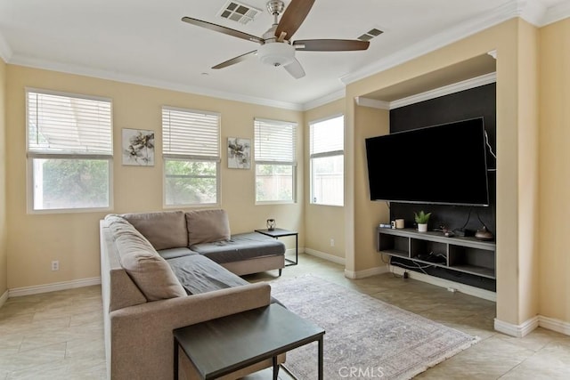 9229 Maywood Way, Riverside, CA 92503 - living area with a ceiling fan, ornamental molding, baseboards, and light tile patterned floors
