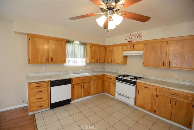 3809 Arroyo Trl, Frazier Park, CA 93225 - kitchen with white appliances, a sink, under cabinet range hood, light countertops, and a ceiling fan