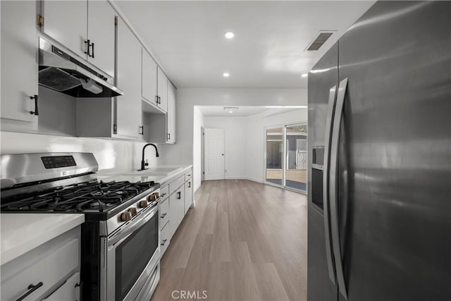10117 Sharp Ave, Arleta, CA 91331 - kitchen featuring stainless steel appliances, under cabinet range hood, light countertops, light wood-type flooring, and a sink