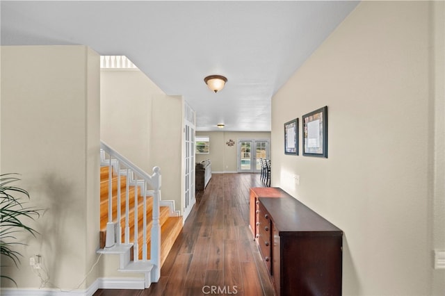 27876 Twilight Ct, Murrieta, CA 92563 - hall with stairs, dark wood-style flooring, baseboards, and french doors