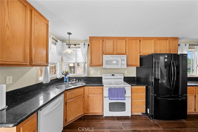27876 Twilight Ct, Murrieta, CA 92563 - kitchen with white appliances, plenty of natural light, a sink, and wood tiled floors