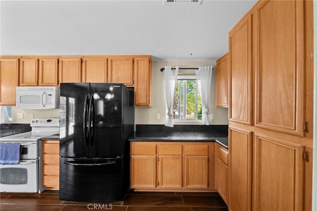 27876 Twilight Ct, Murrieta, CA 92563 - kitchen featuring white appliances, dark countertops, and dark wood-style flooring