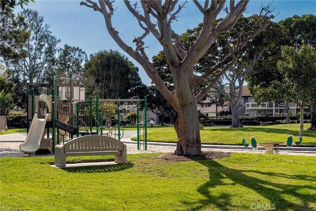 community jungle gym with a lawn