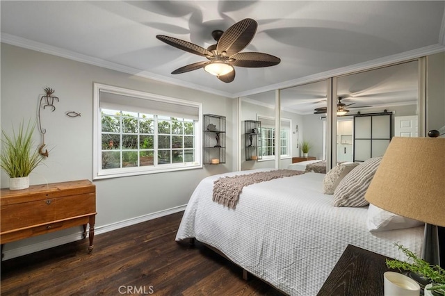 bedroom featuring dark wood-style floors, ornamental molding, multiple windows, baseboards, and ceiling fan