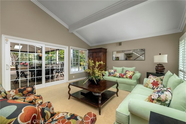 living room featuring beamed ceiling, carpet flooring, plenty of natural light, high vaulted ceiling, and ornamental molding