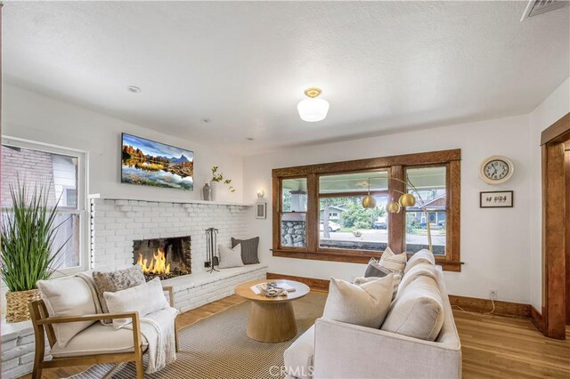 living room with wood finished floors, a fireplace, healthy amount of natural light, and baseboards