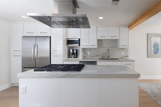 33156 Ocean Bright, Dana Point, CA 92629 - kitchen featuring appliances with stainless steel finishes, island exhaust hood, a sink, baseboards, and recessed lighting