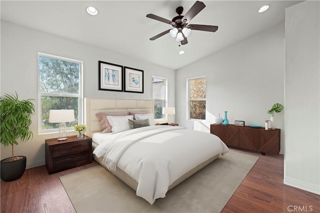 28637 Chiquito Canyon Rd, Castaic, CA 91384 - bedroom featuring baseboards, wood finished floors, recessed lighting, lofted ceiling, and ceiling fan