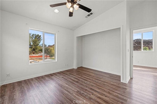 28637 Chiquito Canyon Rd, Castaic, CA 91384 - empty room with vaulted ceiling, a ceiling fan, wood finished floors, and baseboards