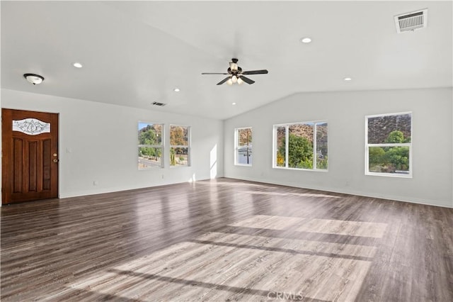 28637 Chiquito Canyon Rd, Castaic, CA 91384 - unfurnished living room featuring a ceiling fan, vaulted ceiling, wood finished floors, recessed lighting, and baseboards