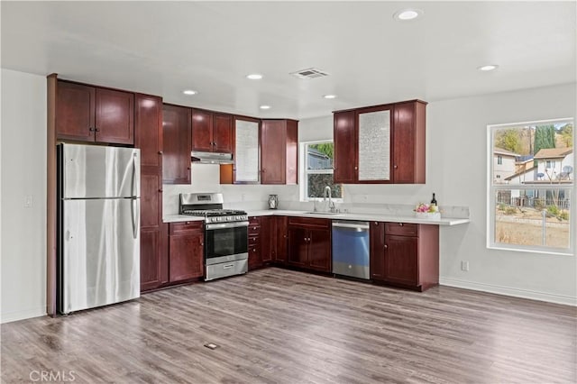 28637 Chiquito Canyon Rd, Castaic, CA 91384 - kitchen with appliances with stainless steel finishes, a sink, light wood finished floors, under cabinet range hood, and recessed lighting
