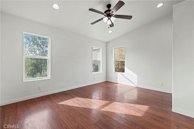 28637 Chiquito Canyon Rd, Castaic, CA 91384 - unfurnished room with baseboards, ceiling fan, wood finished floors, recessed lighting, and vaulted ceiling