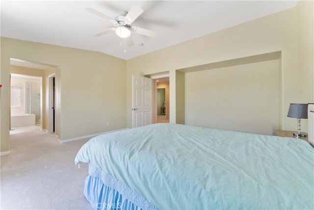 27952 Agapanthus Ln, Valencia, CA 91354 - bedroom featuring carpet floors, baseboards, ceiling fan, connected bathroom, and vaulted ceiling