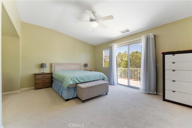27952 Agapanthus Ln, Valencia, CA 91354 - carpeted bedroom featuring access to outside, vaulted ceiling, baseboards, and a ceiling fan