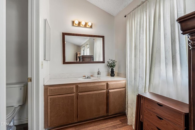 bathroom featuring lofted ceiling, vanity, toilet, and wood finished floors