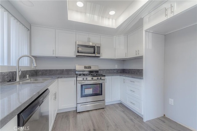 2726 W Orion Ave, Santa Ana, CA 92704 - kitchen with appliances with stainless steel finishes, light wood-style flooring, white cabinets, stone counters, and recessed lighting