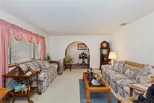 20407 Eyota Ln, Apple Valley, CA 92308 - carpeted living room with arched walkways and a textured ceiling