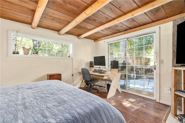 7900 San Clemente Ave, Atascadero, CA 93422 - bedroom with wood ceiling, hardwood / wood-style flooring, access to outside, and a desk