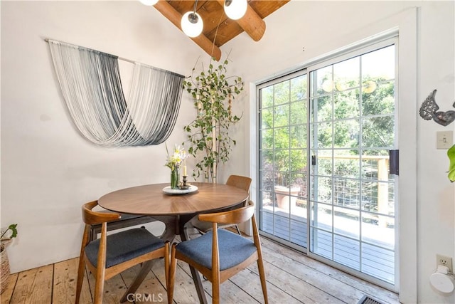 7900 San Clemente Ave, Atascadero, CA 93422 - dining area with ceiling fan, light wood-style flooring, and wood ceiling with exposed beams