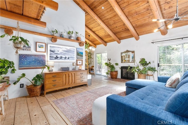 7900 San Clemente Ave, Atascadero, CA 93422 - living room featuring light wood finished floors, wood ceiling with exposed beams, a fireplace, high vaulted ceiling, and ceiling fan
