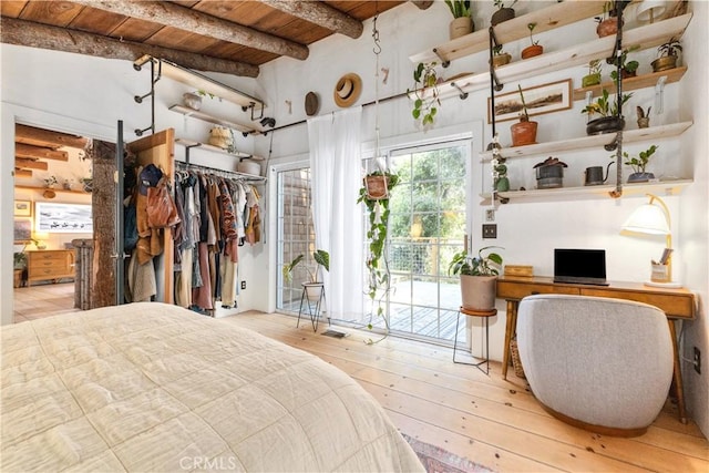 7900 San Clemente Ave, Atascadero, CA 93422 - bedroom with access to exterior, wood ceiling with exposed beams, hardwood / wood-style flooring, and an office area